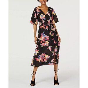 Trixxi Floral Faux Wrap Midi Dress Black Multicolor Tropical Open Back Med